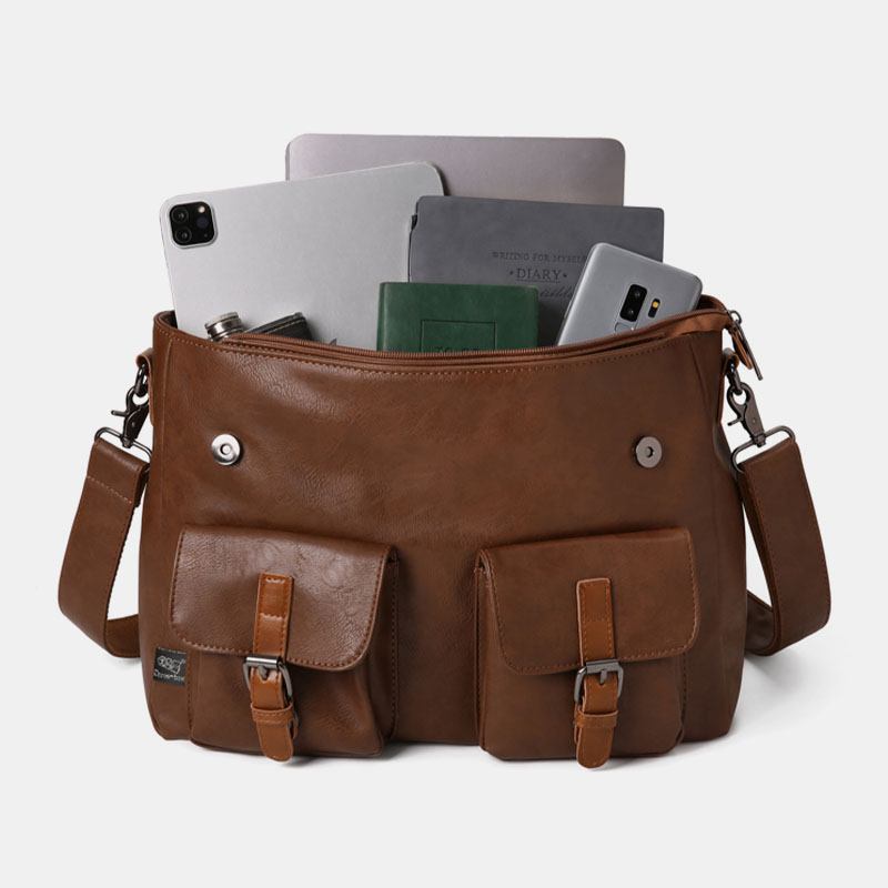 Män Vintage Multifunktion Dubbel Front Pocket Lärarväska Portfölj 14 Tum Laptopväska Crossbody Axelväska