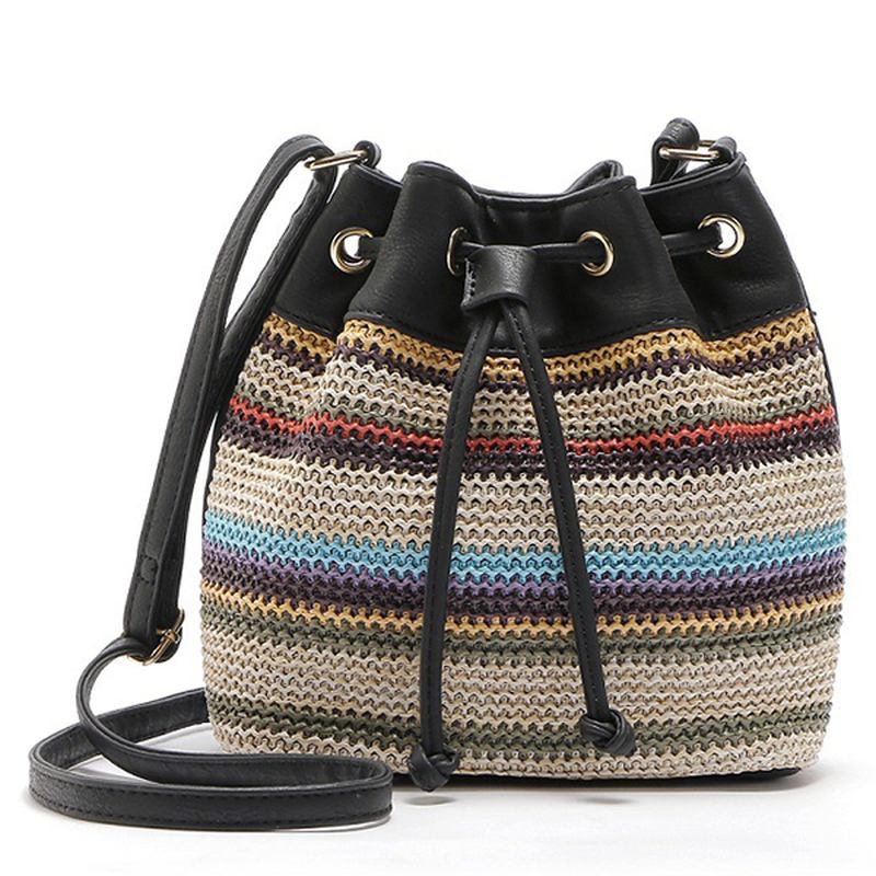 Mode Bohemian Randig Bucket Bag Messenger Axelväska