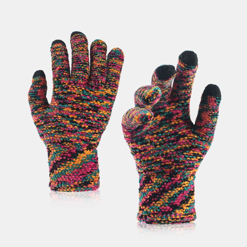 Unisex-färgade Stickade Chenillehandskar Med Pekskärm Med Tre Fingrar Vinter Utomhus Kallt Skydd Varma Fullfingerhandskar