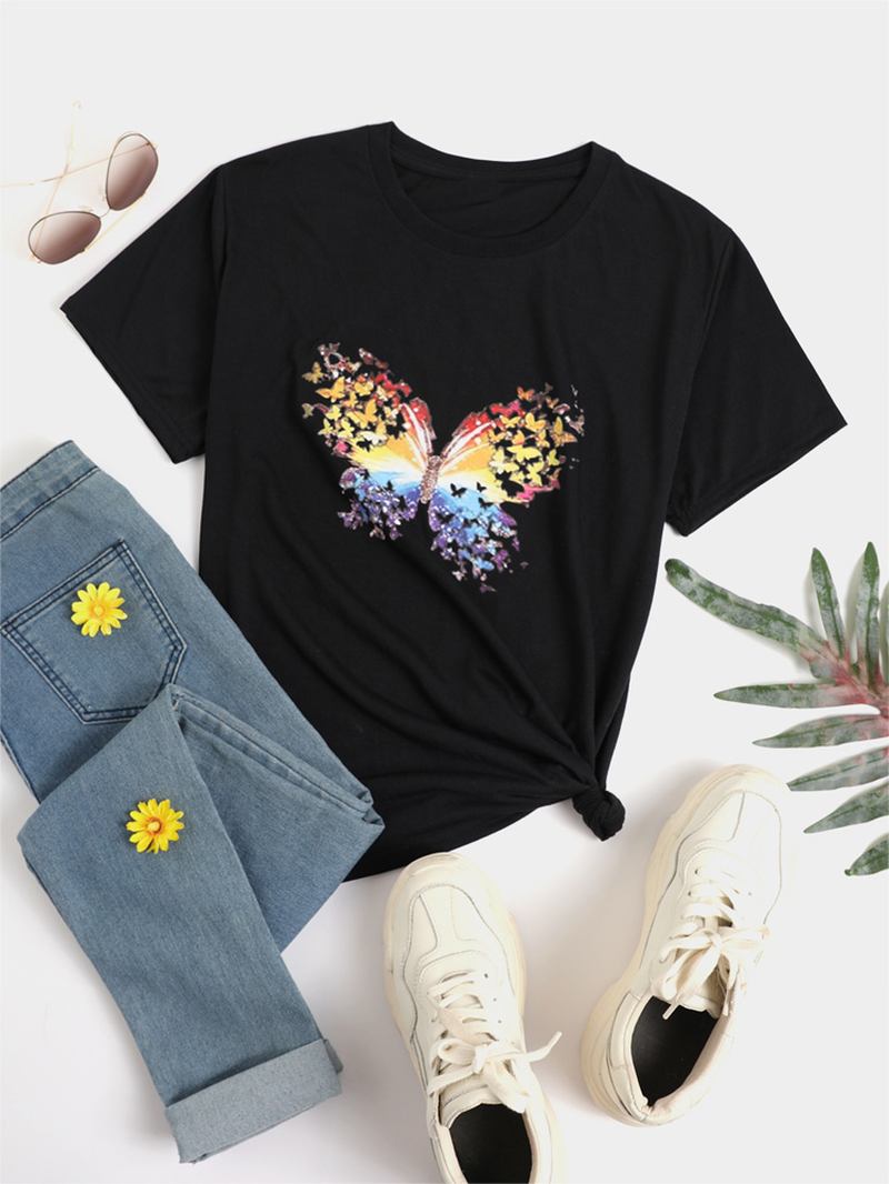 Butterfly Med Tryck Rundhalsad Kortärmad Summer Wild Casual T-shirts