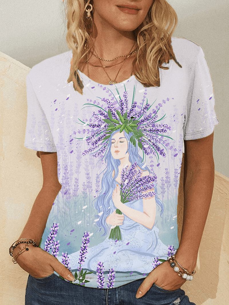 Flicka Med Tryck Blommor O-hals Kortärmad Casual T-shirt