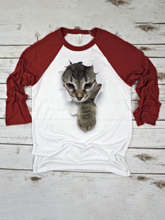 Kvinnor 3d Katt Chest Med Tryck Patchwork Raglan Sleeve Rund Hals Causal T-shirt