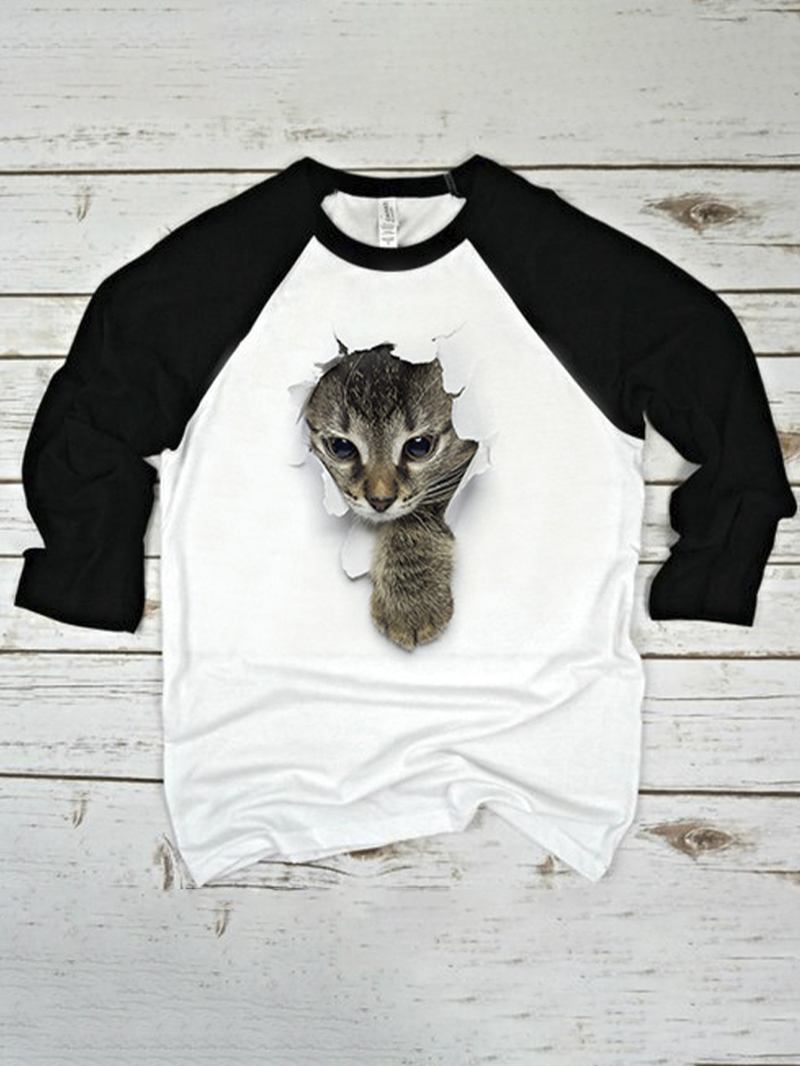 Kvinnor 3d Katt Chest Med Tryck Patchwork Raglan Sleeve Rund Hals Causal T-shirt