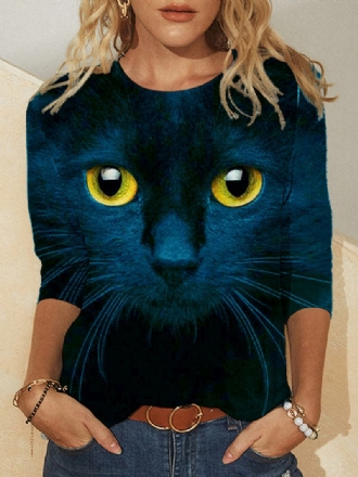 Kvinnor 3d Katt Med Tryck Långärmad Design T-shirts