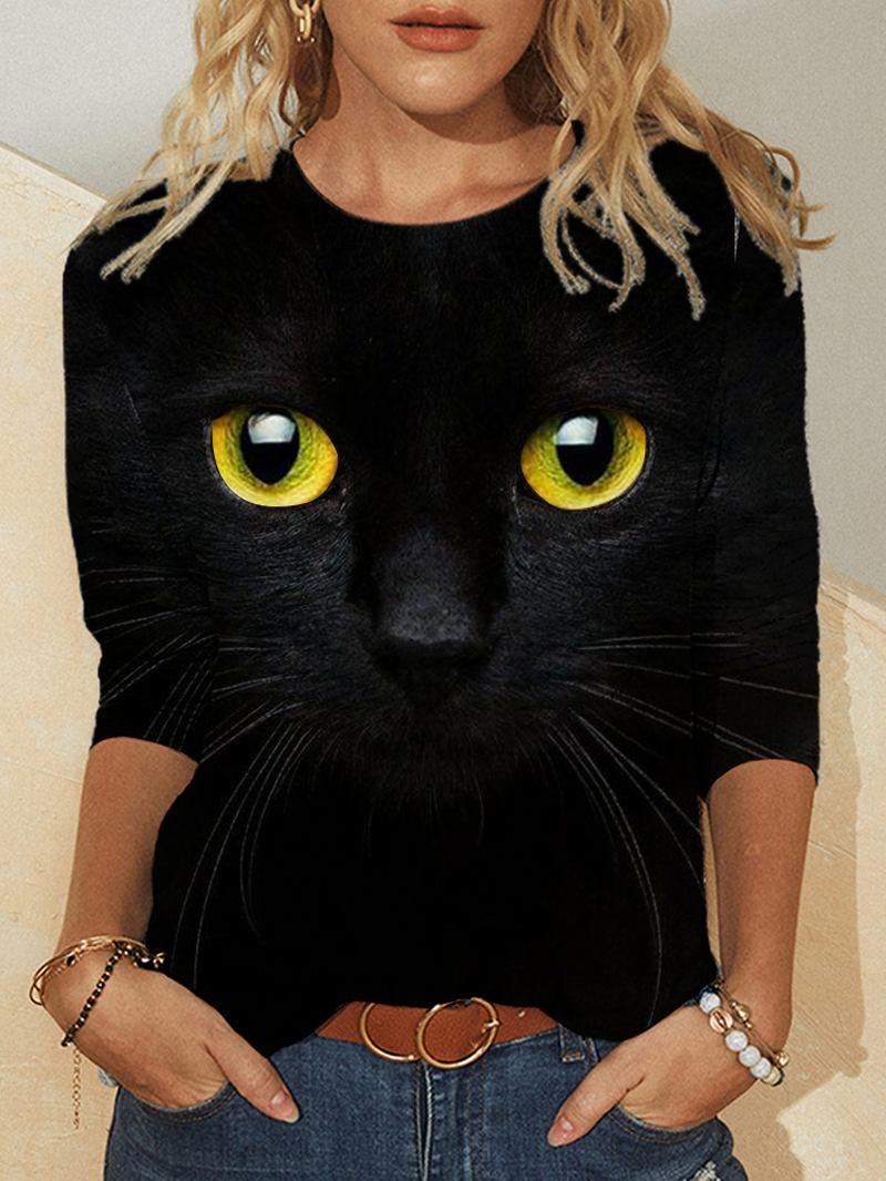 Kvinnor 3d Katt Med Tryck Långärmad Design T-shirts