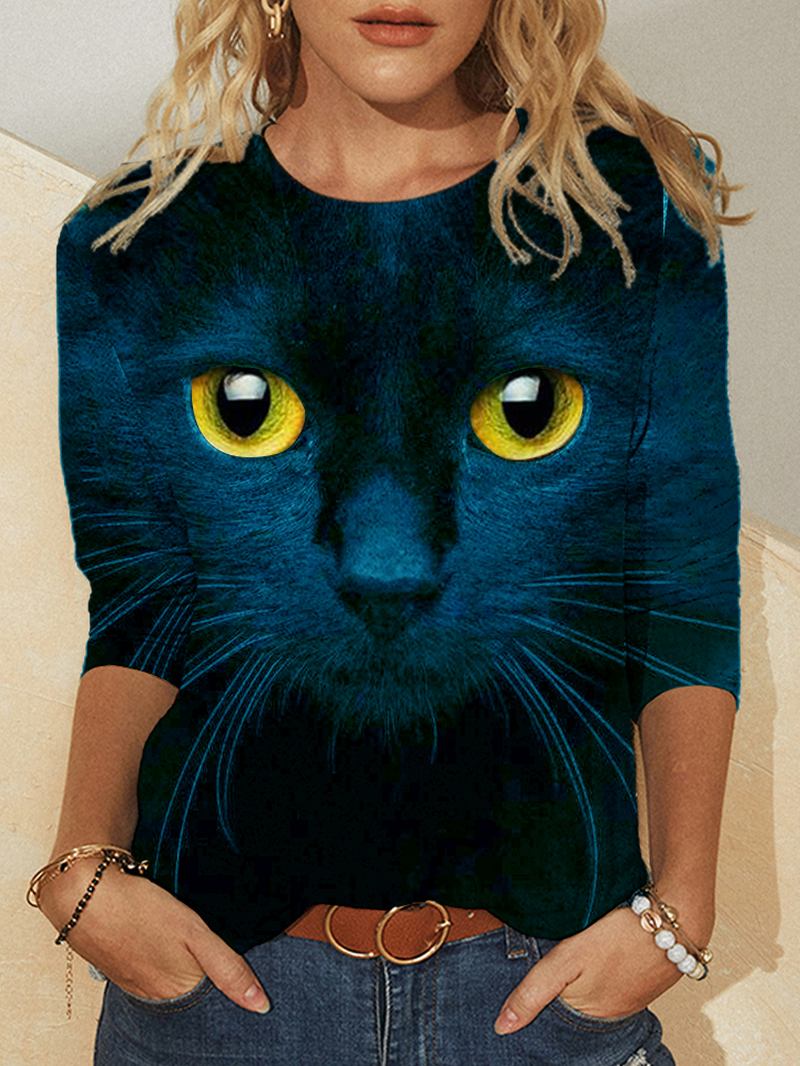 Kvinnor 3d Katt Med Tryck Långärmad Design T-shirts