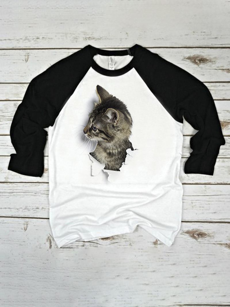 Kvinnor 3d Katt Patchwork Raglan Ärm Rund Hals Casual T-shirt