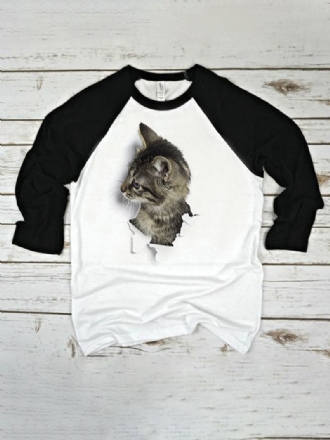 Kvinnor 3d Katt Patchwork Raglan Ärm Rund Hals Casual T-shirt