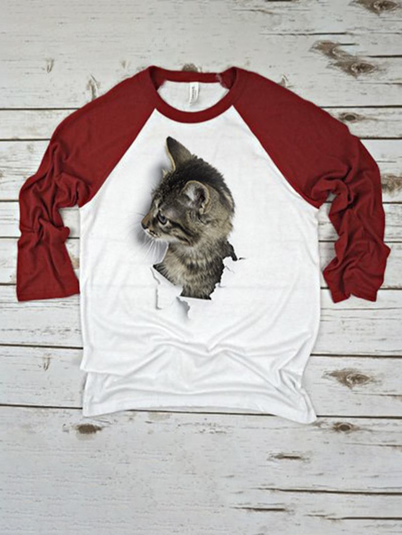 Kvinnor 3d Katt Patchwork Raglan Ärm Rund Hals Casual T-shirt