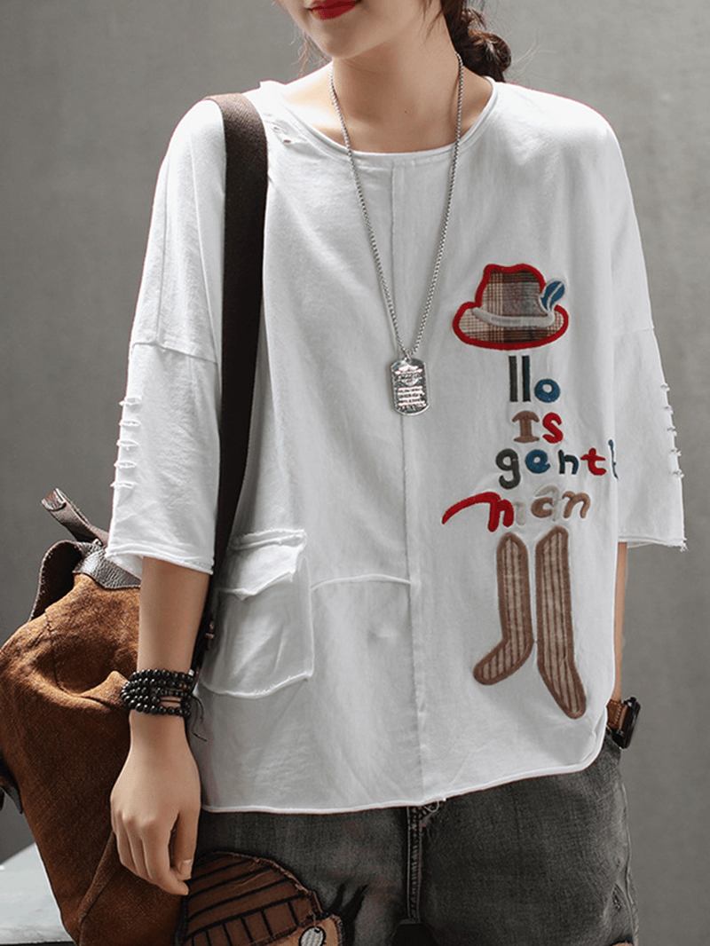 Kvinnor Casual Cartoon Brodery Half Sleeve T-shirts