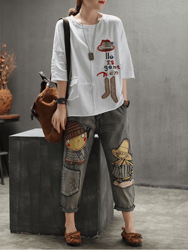 Kvinnor Casual Cartoon Brodery Half Sleeve T-shirts