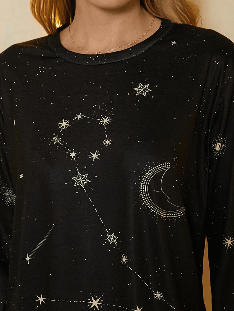 Kvinnor Fiskarna Med Tryck Stars Moon O-halsad Långärmad Casual T-shirt