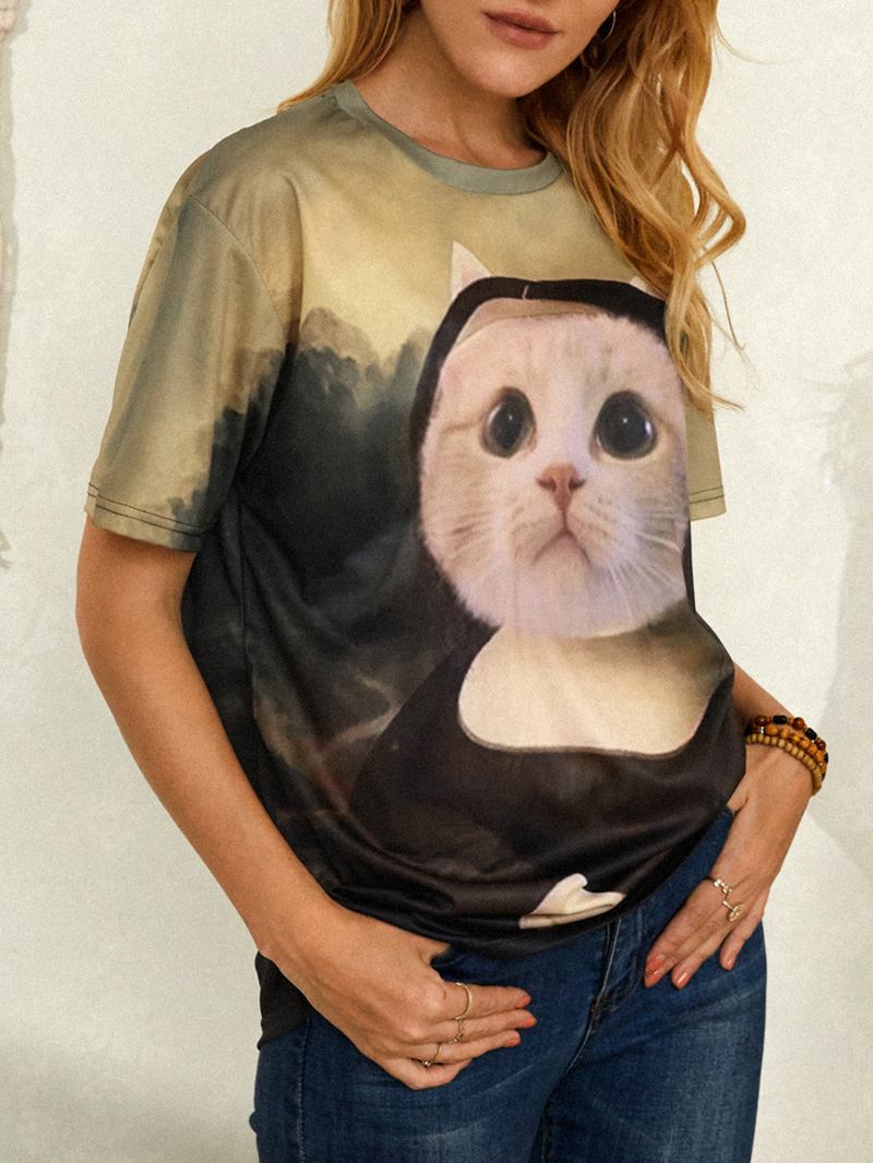 Kvinnor Funny Katt Med Tryck Rundhalsade Kortärmade T-shirts