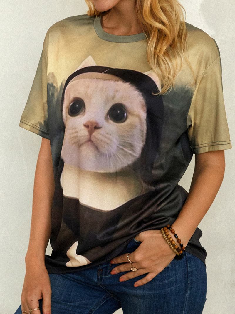 Kvinnor Funny Katt Med Tryck Rundhalsade Kortärmade T-shirts