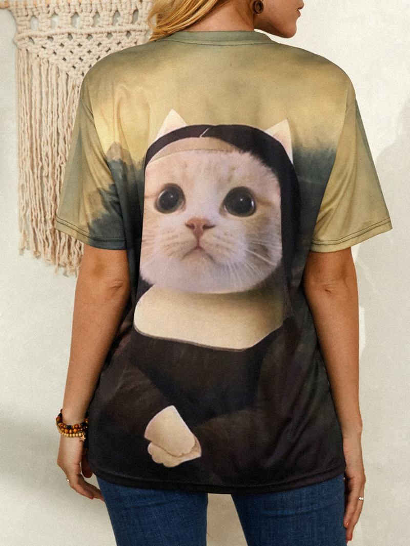 Kvinnor Funny Katt Med Tryck Rundhalsade Kortärmade T-shirts