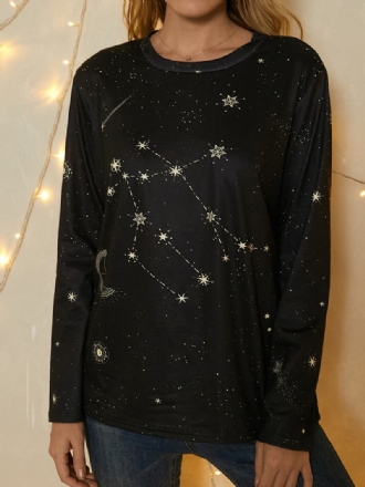 Kvinnor Gemini Med Tryck Stars Moon O-hals Långärmad Casual T-shirt