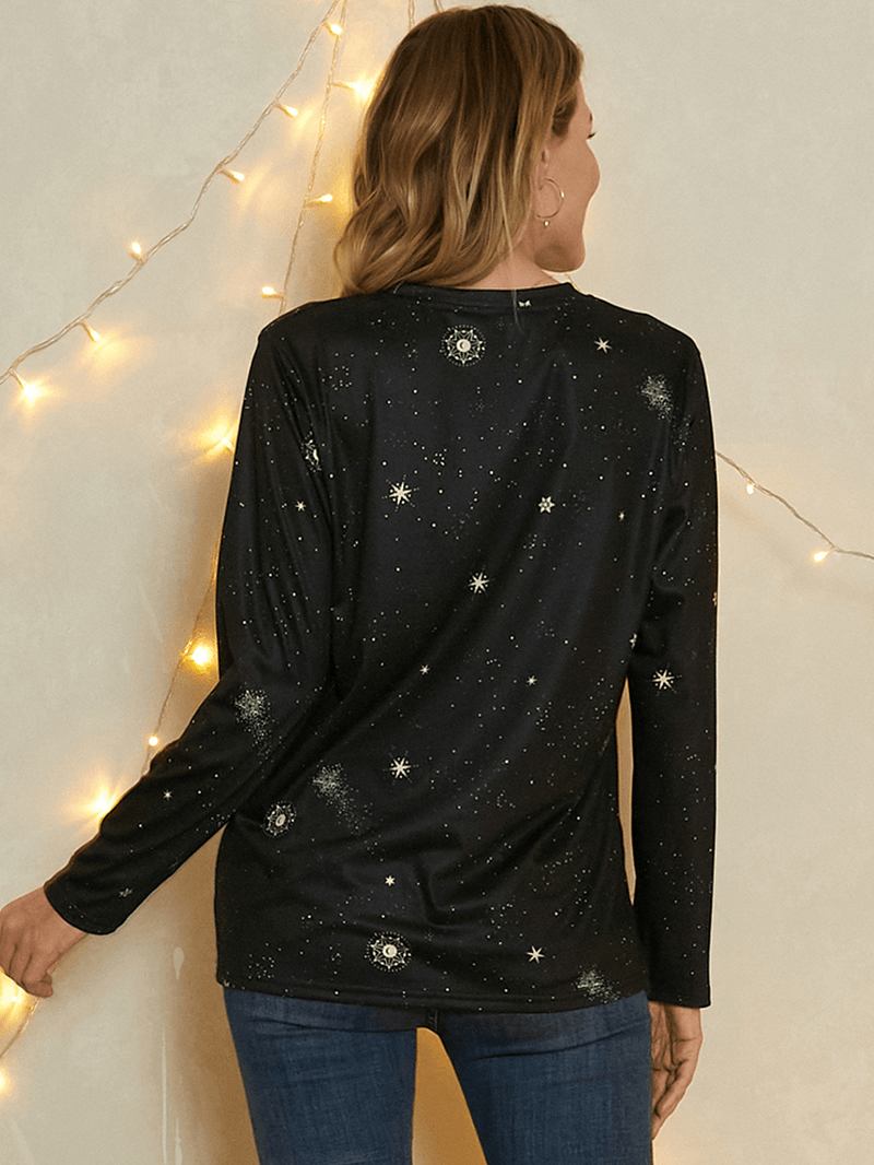 Kvinnor Jungfrutryck Stars Moon O-hals Långärmad Casual T-shirt