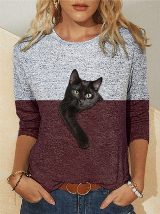 Kvinnor Kontrastfärg 3d Katt Med Tryck Långärmad O-hals Casual T-shirt