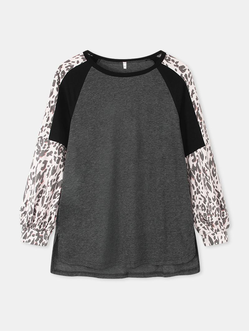 Kvinnor Leopard Raglan Ärmar Patchwork O-hals Casual Lös T-shirt