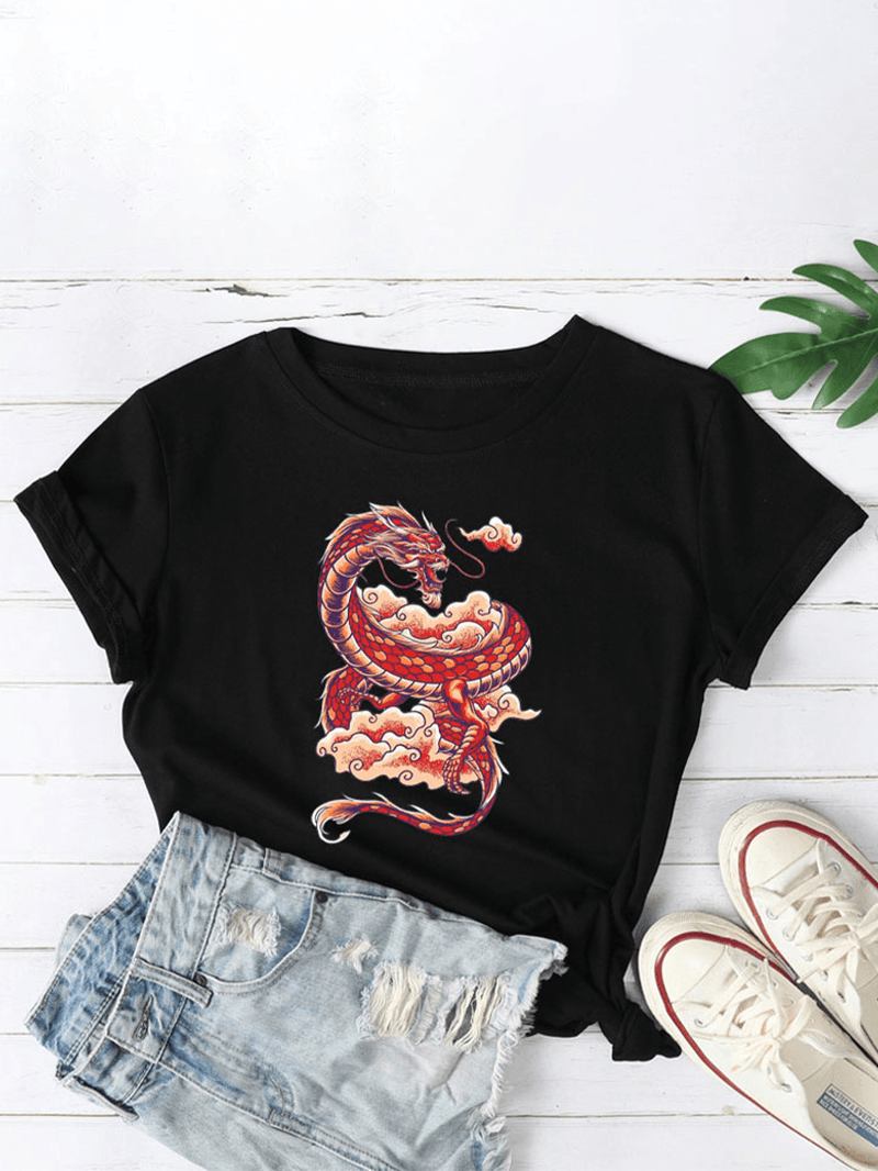 Kvinnor Oriental Dragon Graphics O-hals Casual Kortärmade T-shirts