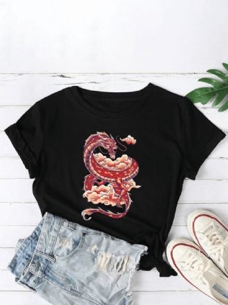 Kvinnor Oriental Dragon Graphics O-hals Casual Kortärmade T-shirts