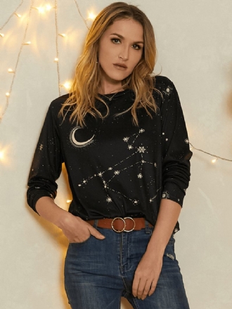 Kvinnor Skytten Med Tryck Stars Moon O-halsad Långärmad Casual T-shirt