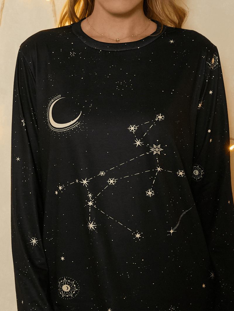 Kvinnor Skytten Med Tryck Stars Moon O-halsad Långärmad Casual T-shirt