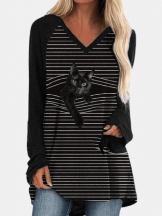 Kvinnor V-ringad Stripe Back Katt Med Tryck Långärmade Casual T-shirts