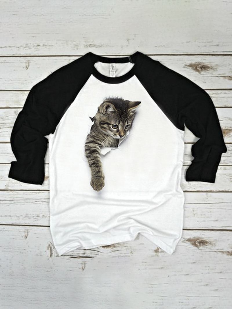 Söt Katt Med Tryck Raglan Ärmar O-hals Casual T-shirt För Kvinnor