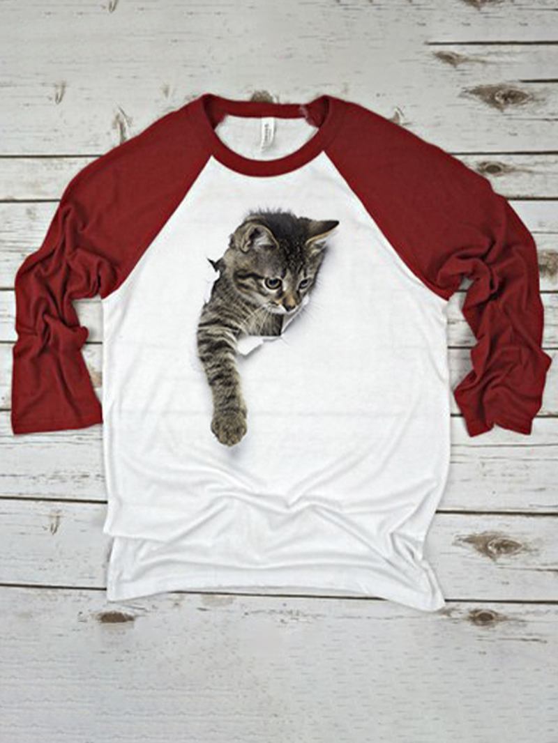 Söt Katt Med Tryck Raglan Ärmar O-hals Casual T-shirt För Kvinnor