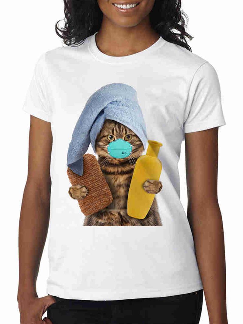 Söta Tecknade Masker Katttryck Sommar Kortärmade Casual T-shirts