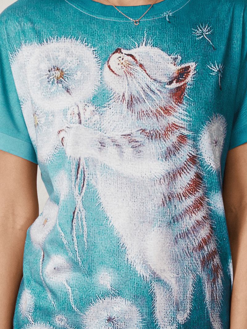 Tecknad Blomma Katttryck Kortärmad O-hals Avslappnad T-shirt