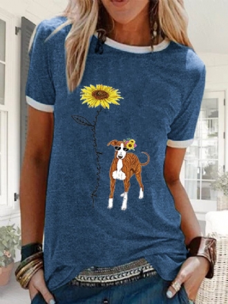 Tecknad Blommig Hundtryckt Kortärmad Casual Lös T-shirt