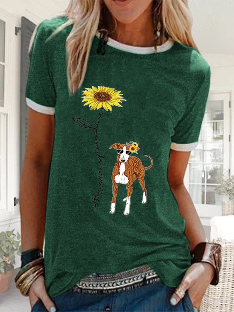 Tecknad Blommig Hundtryckt Kortärmad Casual Lös T-shirt