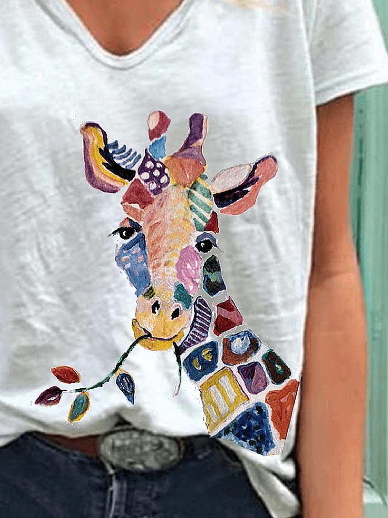 Tecknad Giraffe Animal Med Tryck V-halsad Kortärmad Lös T-shirt För Kvinnor