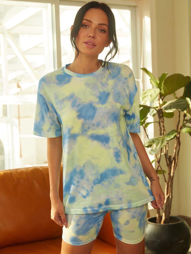 Tie Dye Med Tryck Dam Sommarsport Tvådelad Top Casual T-shirts