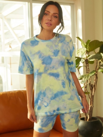 Tie Dye Med Tryck Dam Sommarsport Tvådelad Top Casual T-shirts