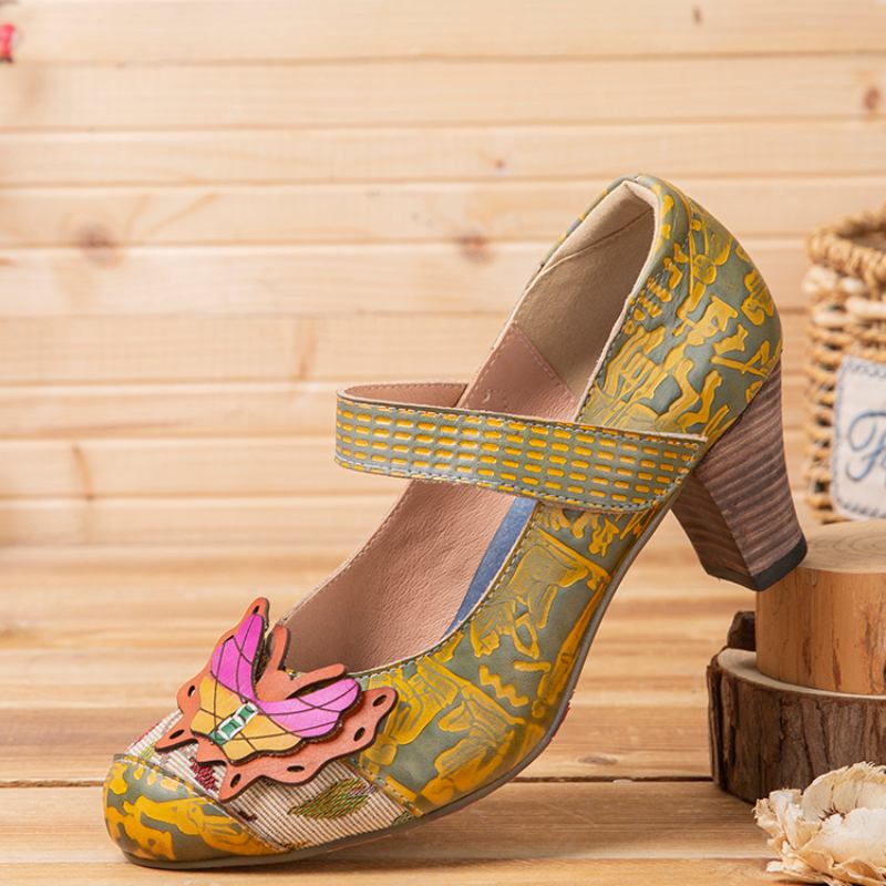 Butterfly Deocr Tryckt Kohudsläder Krokögla Bärbara Chunky Heel Pumps