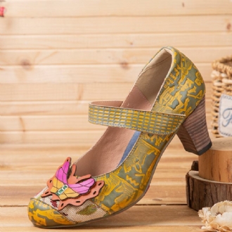 Butterfly Deocr Tryckt Kohudsläder Krokögla Bärbara Chunky Heel Pumps