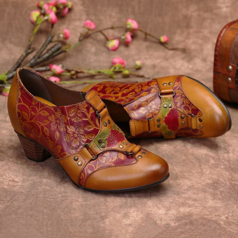 Cowgirl Handmålade Retro Blommor Nit Äkta Läder Låg Klack Slip On Pumps