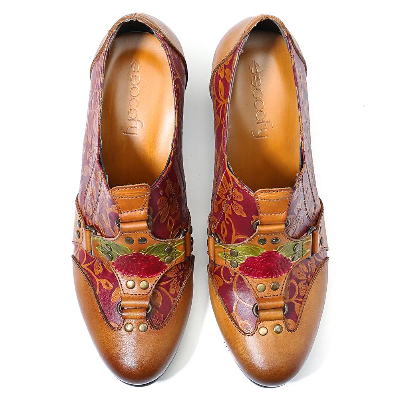 Cowgirl Handmålade Retro Blommor Nit Äkta Läder Låg Klack Slip On Pumps