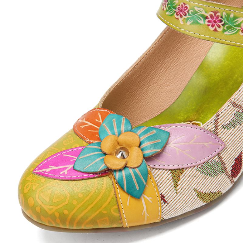 Eleganta Blommor Dekor Lövtyg Tygsömmar Tryckt Kohud Läder Mary Jane Pumps