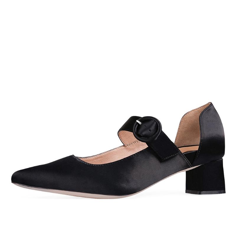 Kvinnor Elegant Spetsad Tå Enfärgad Ankelspänne Slip On Chunky Heel Pumps