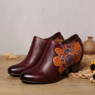 Kvinnor Handmålade Blommor Sömmar Läder Zipper Pumps