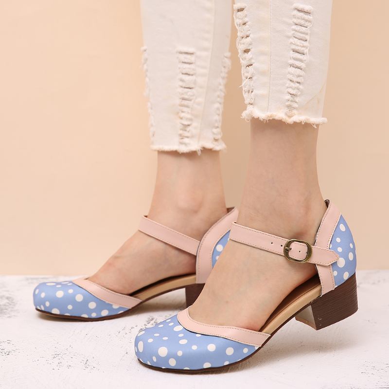 Kvinnor Polka Dot Rund Tå Ankel Rem Block Heel Casual Heels Pumps