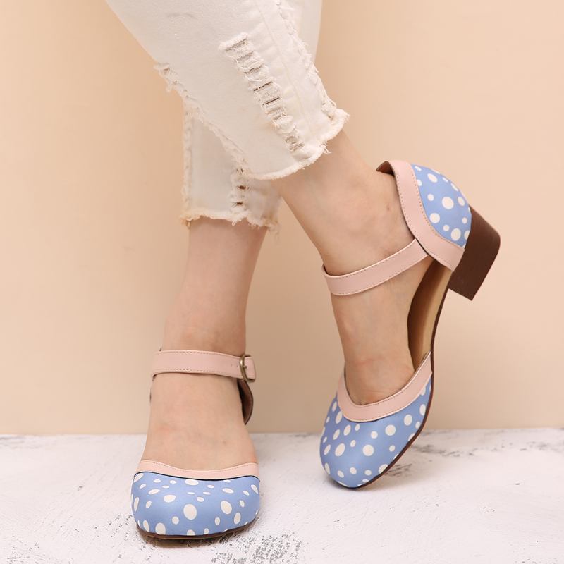 Kvinnor Polka Dot Rund Tå Ankel Rem Block Heel Casual Heels Pumps