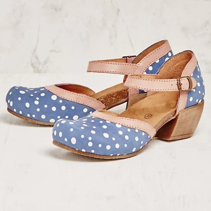 Kvinnor Polka Dot Rund Tå Ankel Rem Block Heel Casual Heels Pumps