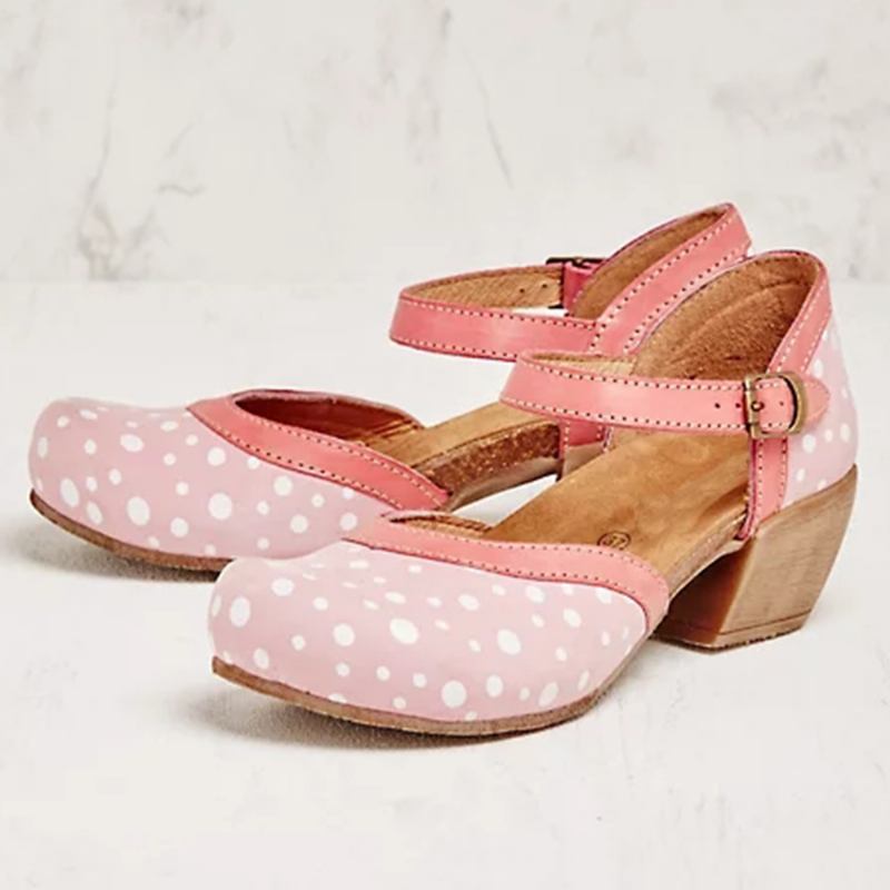 Kvinnor Polka Dot Rund Tå Ankel Rem Block Heel Casual Heels Pumps