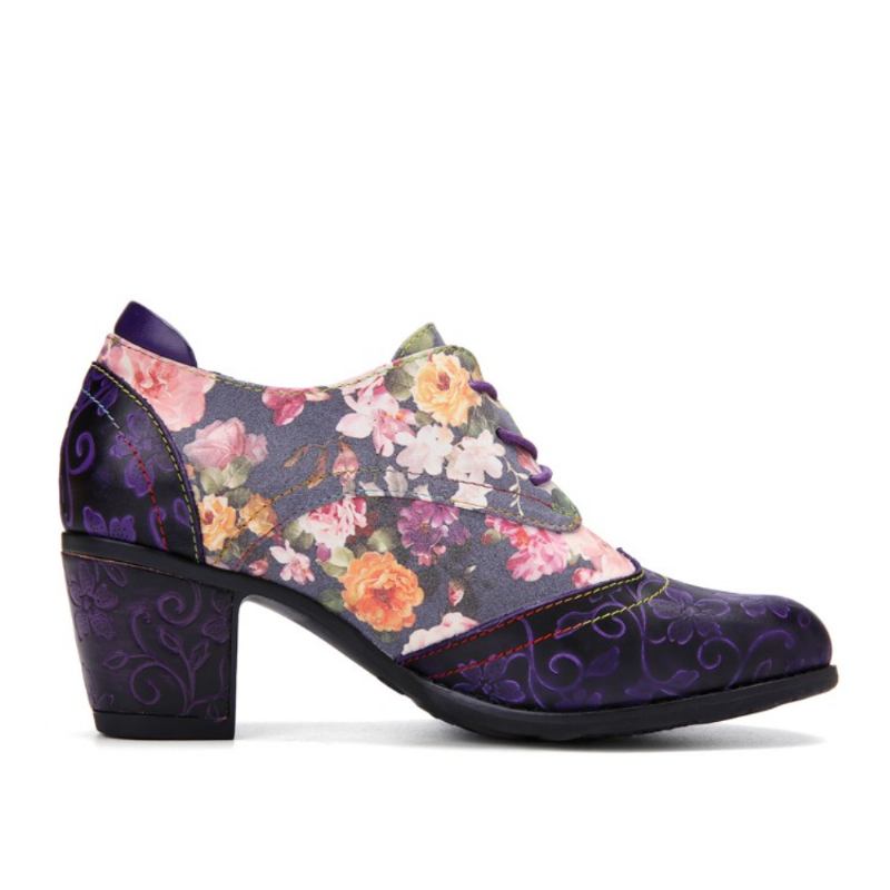 Kvinnor Retro Blommor Med Tryck Läder Splicing Mjuka Skulpterade Chunky Heels