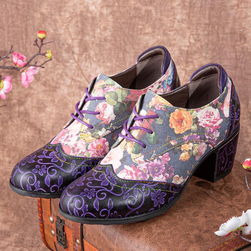 Kvinnor Retro Blommor Med Tryck Läder Splicing Mjuka Skulpterade Chunky Heels